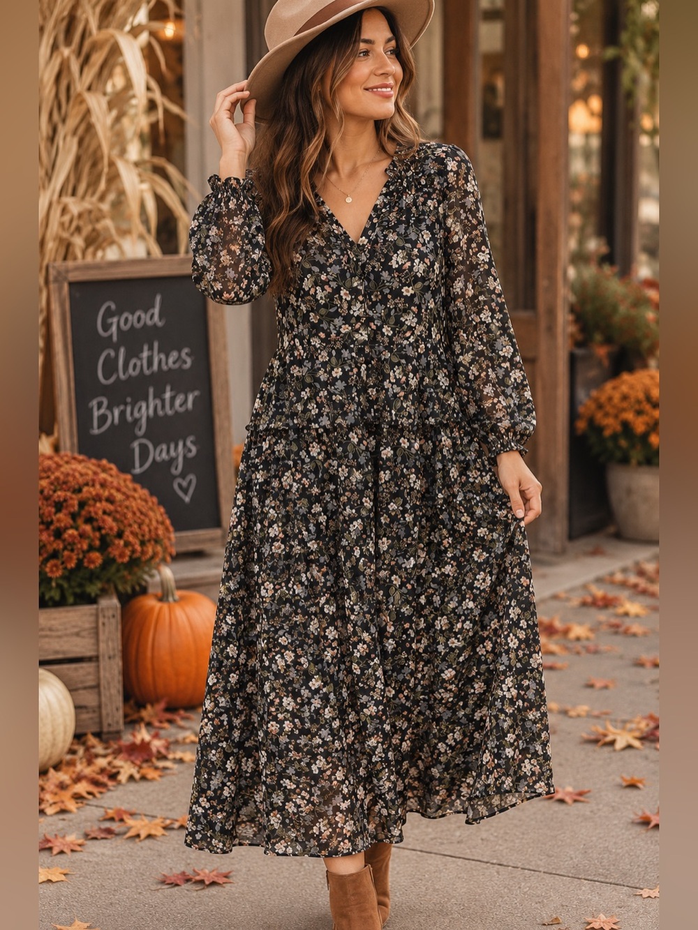 Black Floral V-Neck Long Sleeve Midi Dress